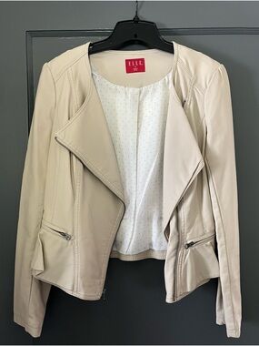 ELLE Light Beige Faux Leather Asymmetrical Zip Jacket